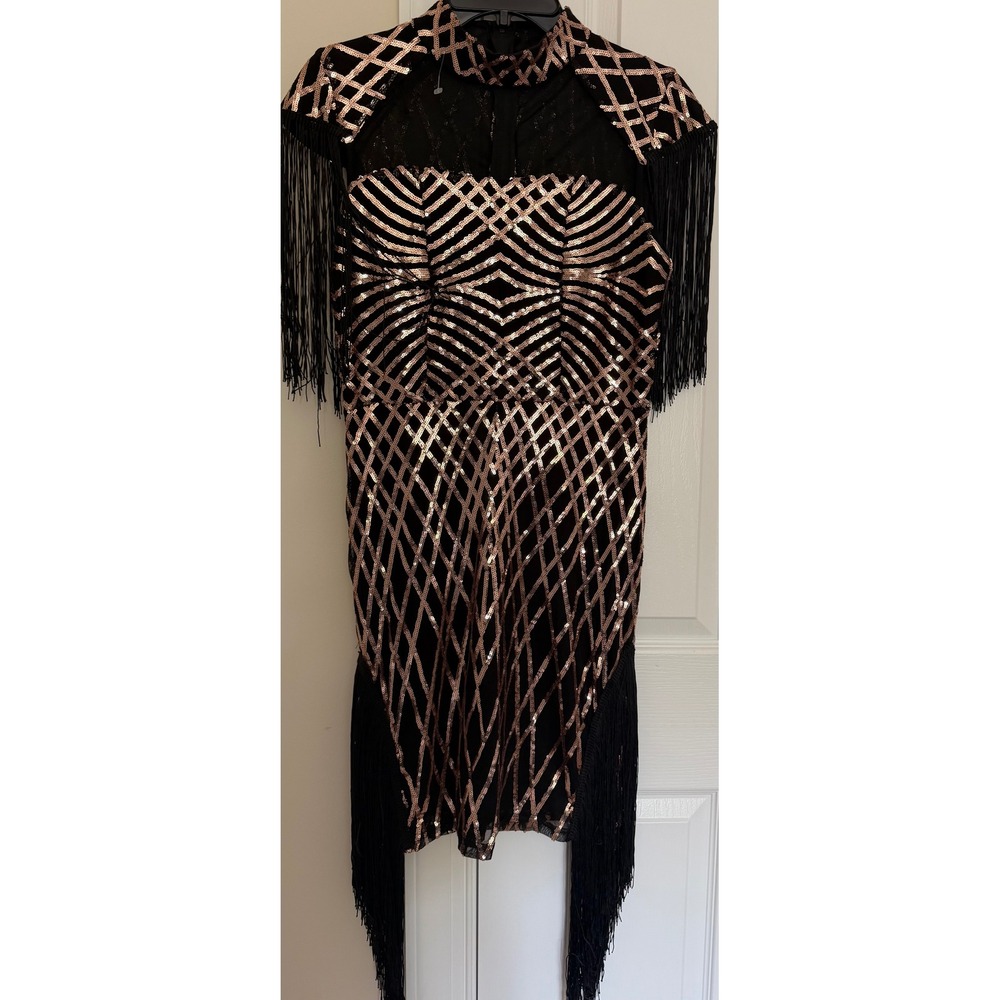 Rose Gold Sequin Fringe Romper Black Mesh Geometric Diamond Mock Neck Bodysuit M